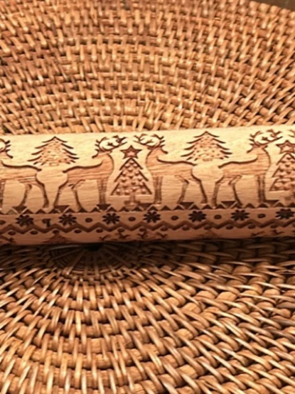 Wooden Embossed Rolling Pin - Natural Brown Christmas Reindeer Design